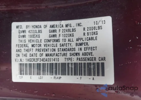 2014 Honda Accord Lx from USA, damaged, VIN 1HGCR2F34EA051410